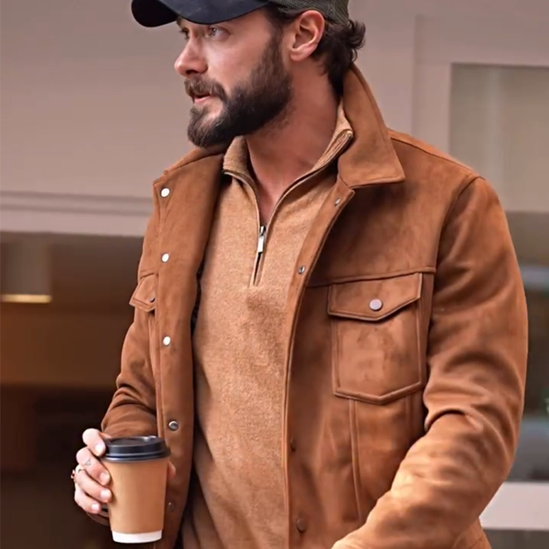 Men's Suede Bomber Jacket, Business Casual Notch Lapel Fall Jacket