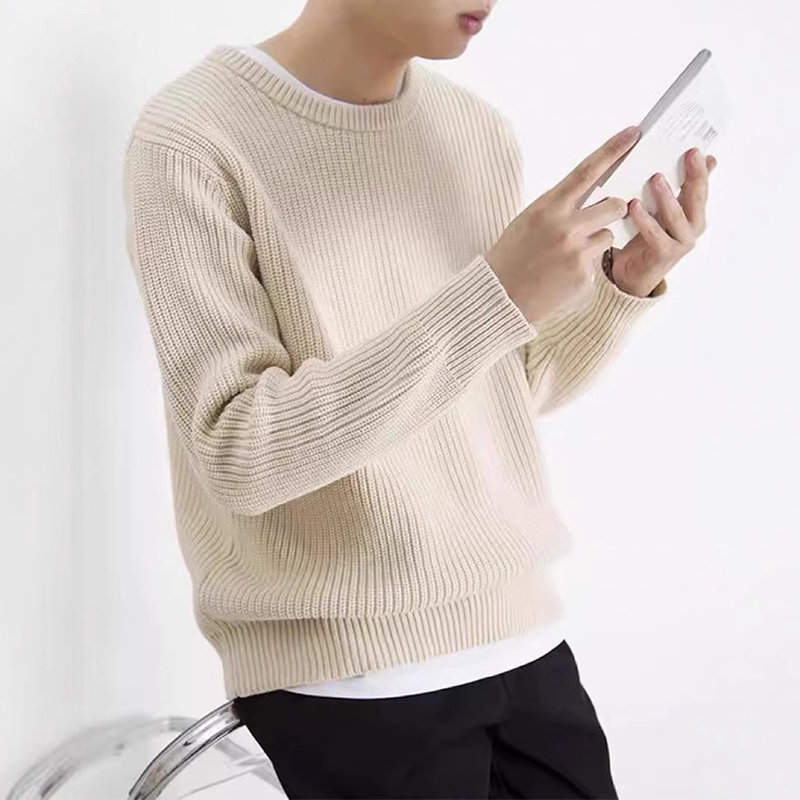 Men's Modal Crewneck Knit Sweater, 900G Heavyweight Relaxed Fit Knit, Thick and Durable, Casual Pullover