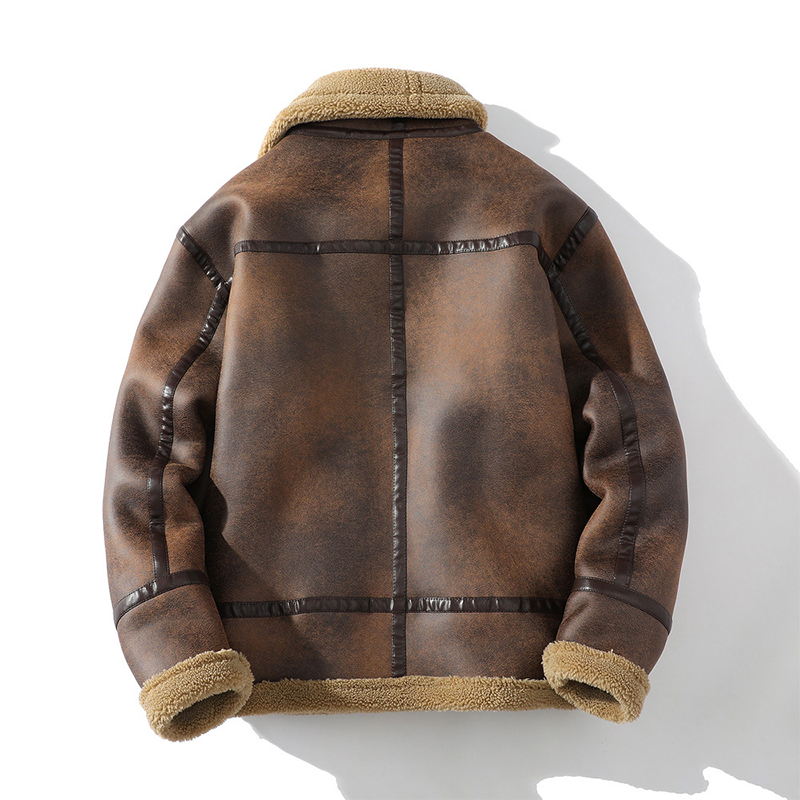 Men's Retro Thick Leather Jacket, Plush Lining, Heavyweight Winter Loose-fitting Outerwear, Shearling Jacket