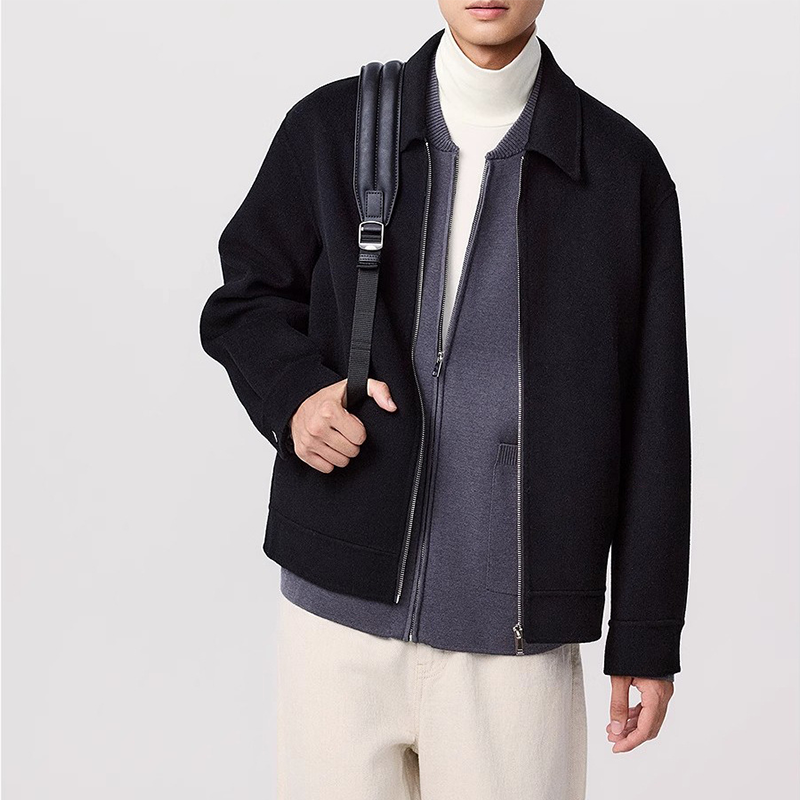 Men's Executive Wool Bomber, Zipper Front Notch Lapel Coat, Short Style Business Casual Winter Jacket