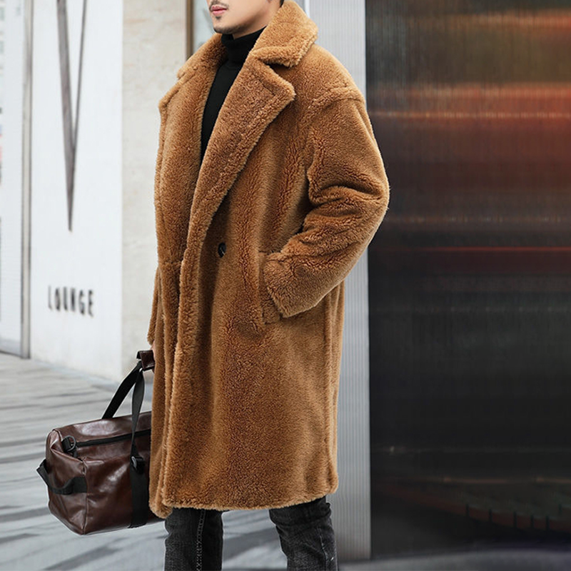 Men's Heavyweight Faux Shearling Overcoat, Faux Lamb Wool Winter Coat, Extreme Cold Weather Long Coat
