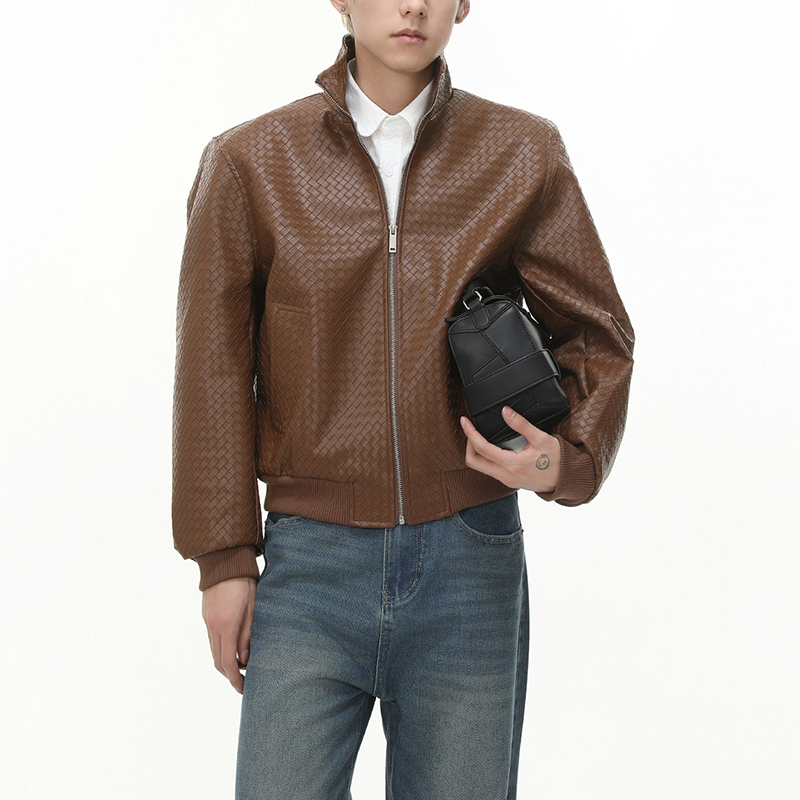 Men's Vintage Biker Short PU Leather Jacket, Unique Diamond Woven Texture Stand Collar Coat