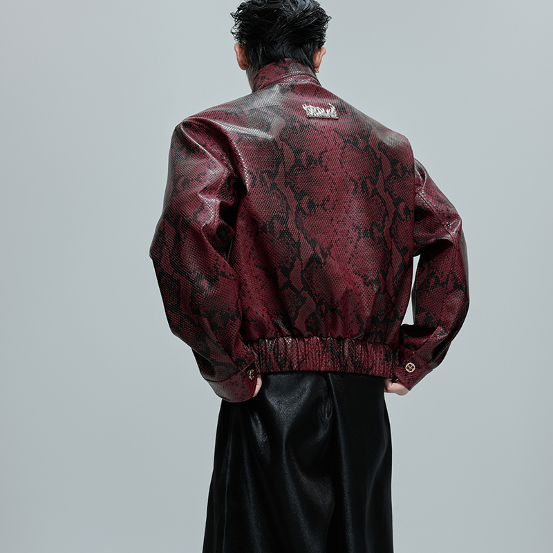 New Men's Python Texture Leather Jacket, Red Gem Studded Stand Collar Punk Coat