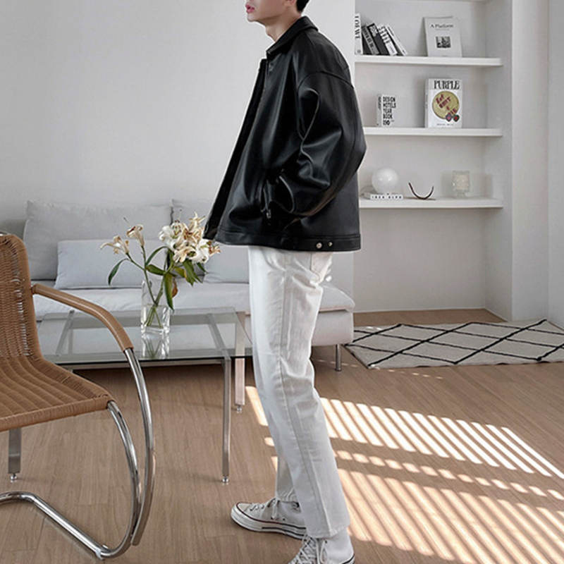 Classic Black Leather Jacket For Men, Casual Baseball Bomber Jacket, Versatile Motorcycle Style Jacket For Everyday Wear