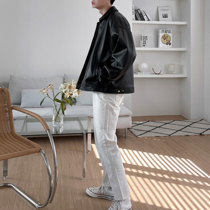 Classic Black Leather Jacket For Men, Casual Baseball Bomber Jacket, Versatile Motorcycle Style Jacket For Everyday Wear