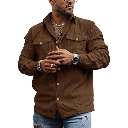 2025 Men's Corduroy Button Shirt Jacket Retro Striped Workwear Double Pocket Utility Design