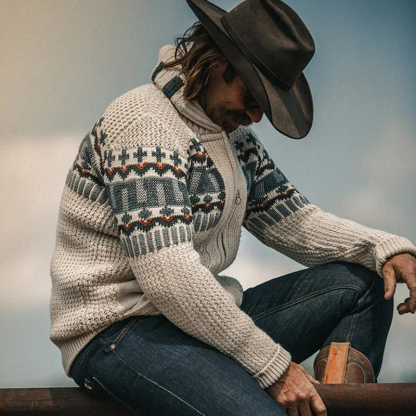 Retro Geometric Pattern Lapel Zip-Up Knitted Jacket