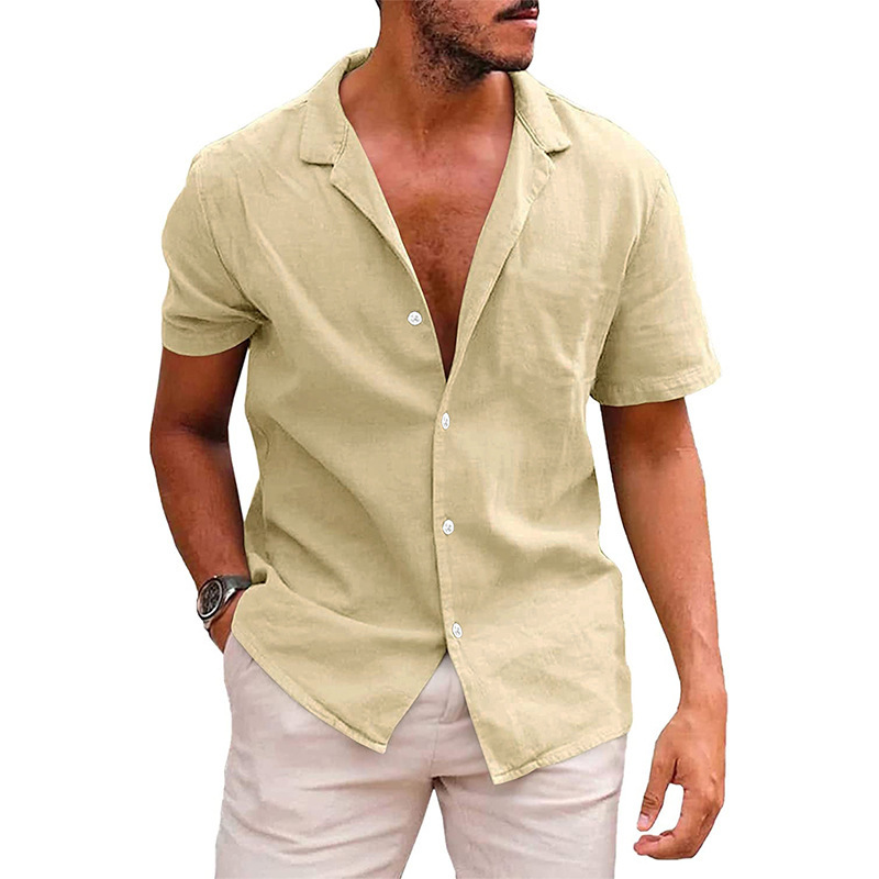 Men's Linen Cotton Short Sleeve Camp Shirt, Breathable Vacation Style Open Collar Button Shirt, Summer Essential