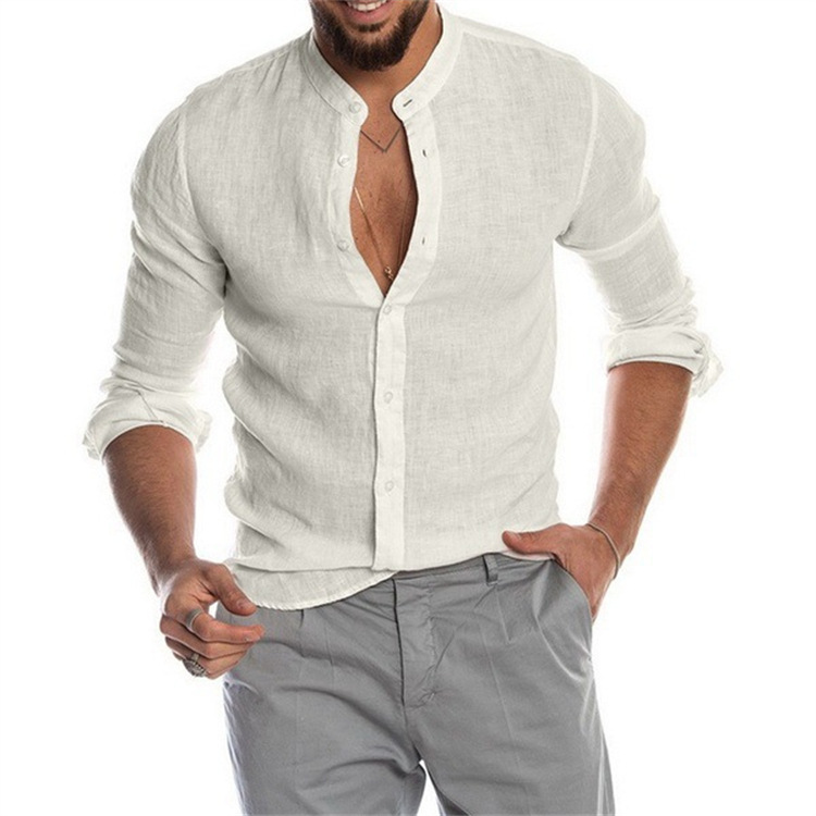 Men's New Arrival V-Neck Cotton Linen Cardigan-Style Stand Collar Long Sleeve Shirt