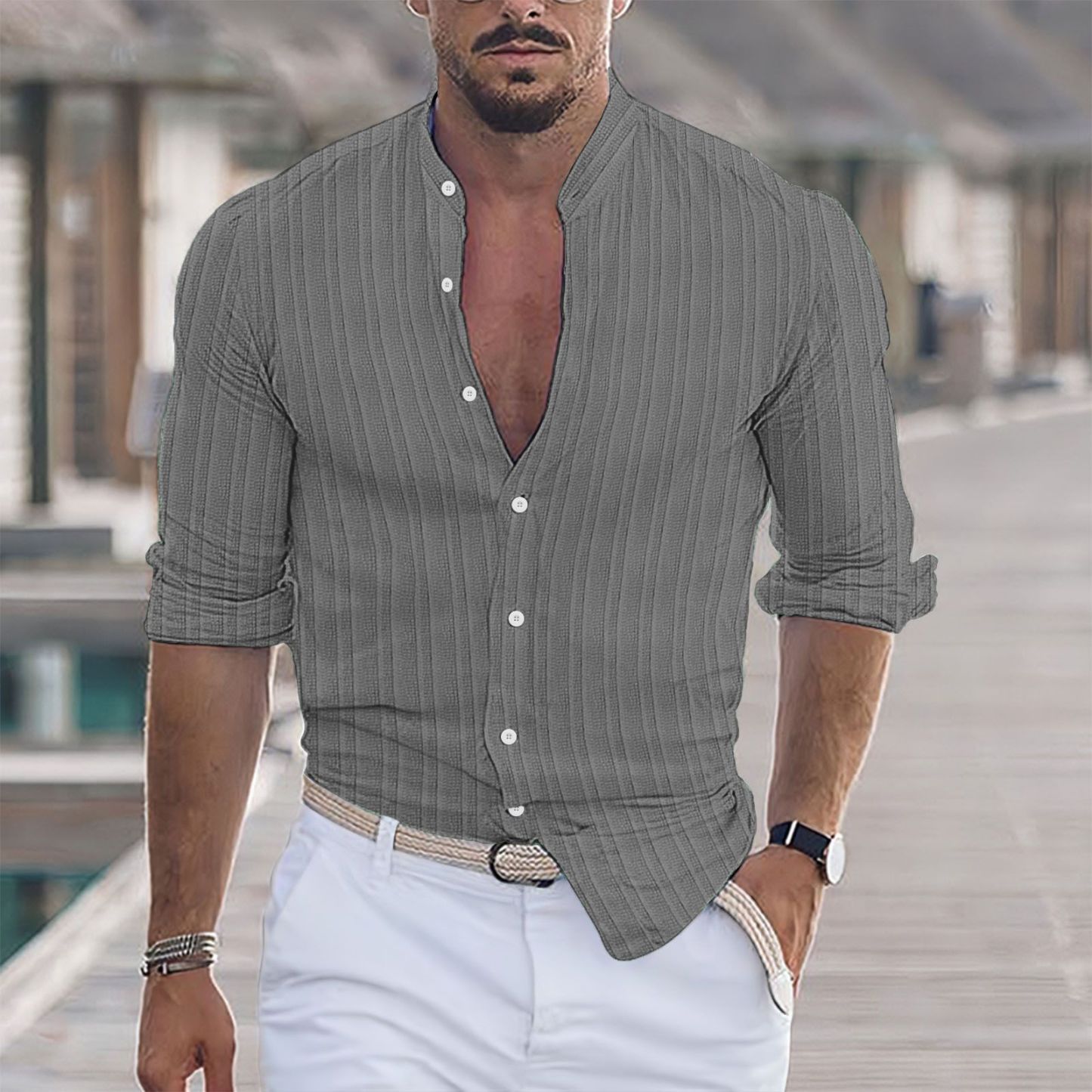 Men's Solid Color Striped Lapel Long Sleeve Shirt