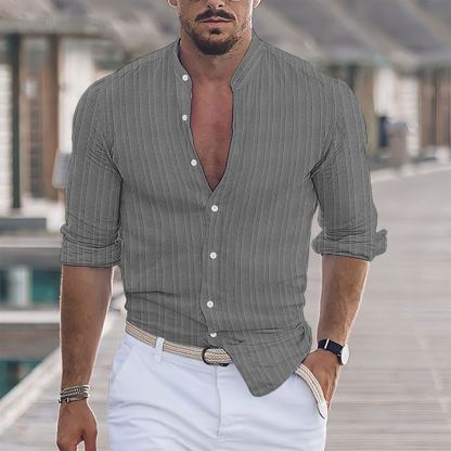 Men's Solid Color Striped Lapel Long Sleeve Shirt