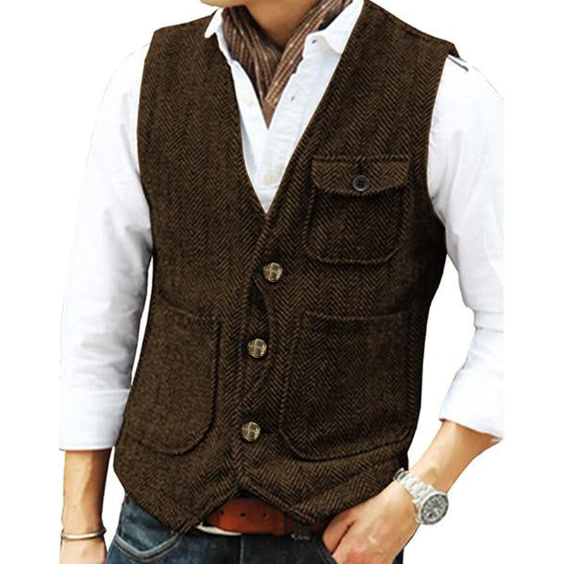 Men’s V-neck Single-breasted Tweed Vest