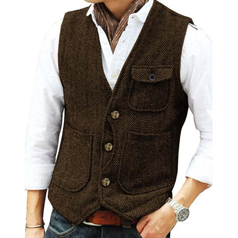 Men’s V-neck Single-breasted Tweed Vest