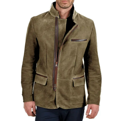 Men Vintage Stand Collar Suede Blazer Side Zip Fly Contrast Leather Webbing Medium Length Jacket Coats