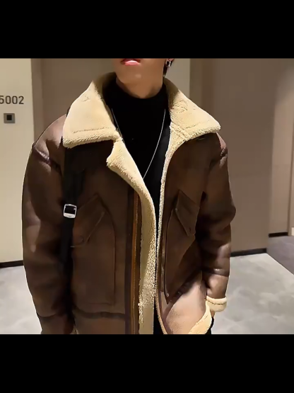 Men's Retro Thick Leather Jacket, Plush Lining, Heavyweight Winter Loose-fitting Outerwear, Shearling Jacket