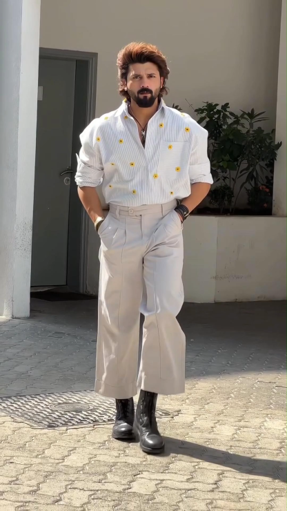 Summer Men's Casual Versatile Striped Chrysanthemum Print Long-Sleeved Shirt