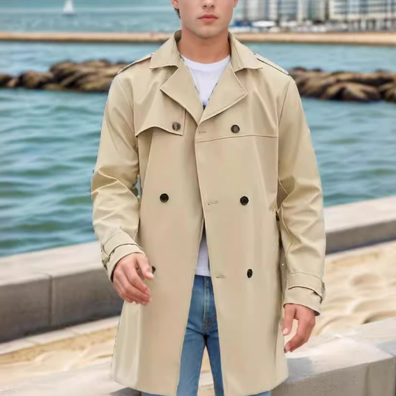 Men Plain Double Breasted Belted Trench Coat For Husband