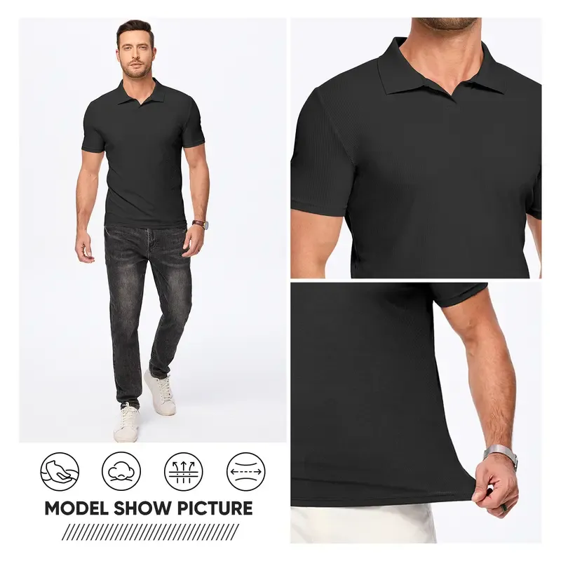 Men's Muscle V Neck Polo Shirts Casual Short Sleeve Slim Fit Ribbed Golf T Shirt Athletic Tee