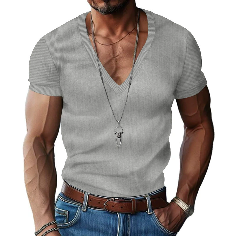 Men's Slim Fit Ribbed V-Neck Tee - Solid Breathable Summer Casual Shirt