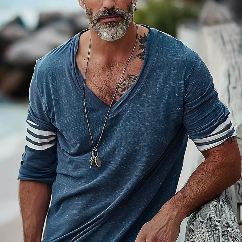 Men's Loose V-Neck Striped Patchwork Long-Sleeved T-Shirt