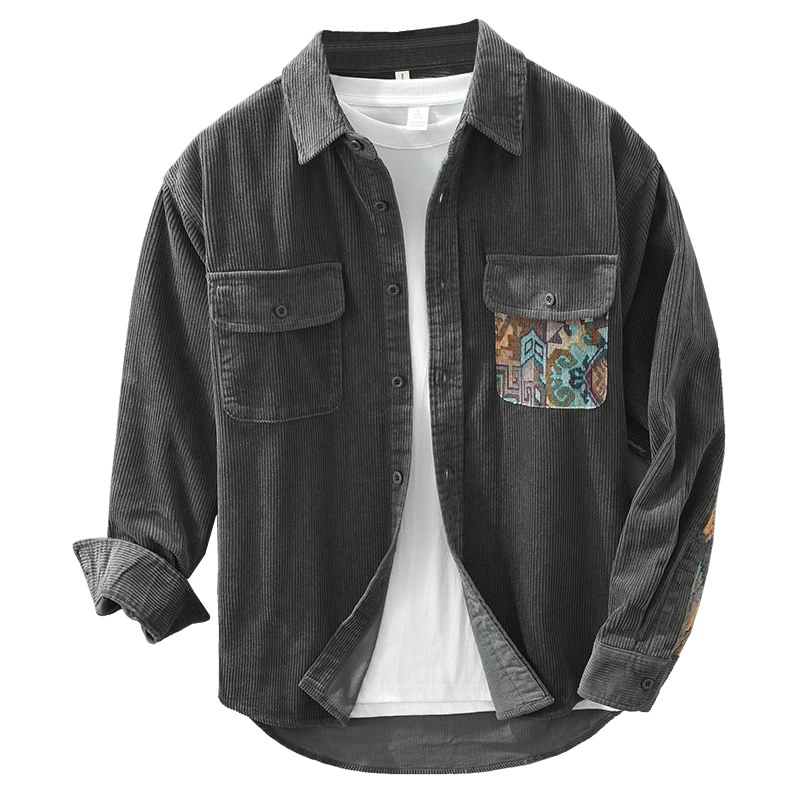 Men's Vintage Casual Corduroy Knit Contrast Shirt Jacket, Long Sleeve Button Down Shirt - Handmade - Unisex