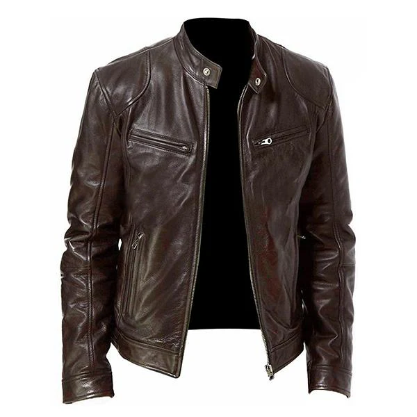 Men's Stand Collar Slim Fit Zip Pocket Leather Jacket