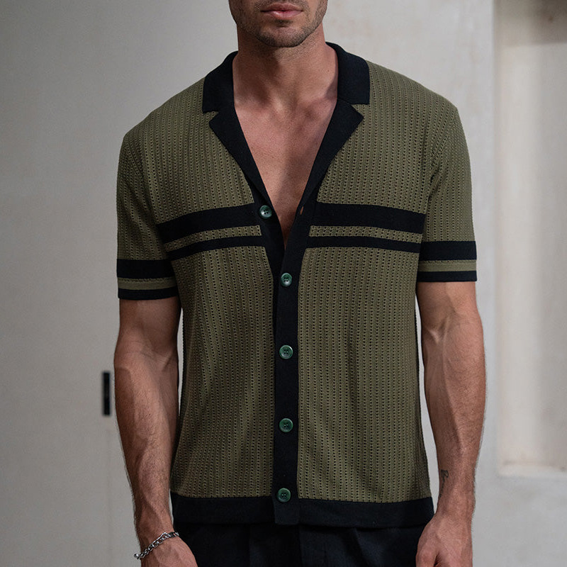 Men's Knitted Short-Sleeve Blended Color Shirt With Turn-Down Collar