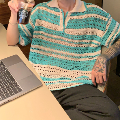 Men's Summer Vintage Striped Cutout Polo Shirt