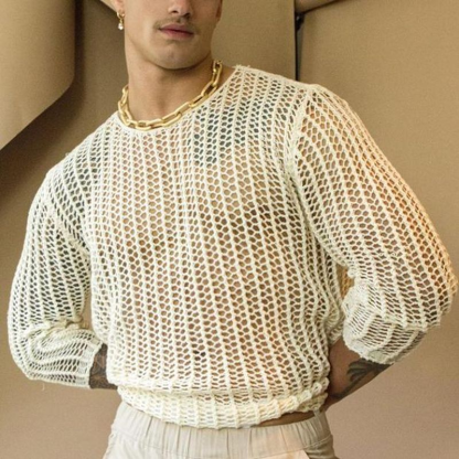 Men's Long-Sleeved Sexy Mesh Top, Stylish Solid Color Knitted Slim Shirt