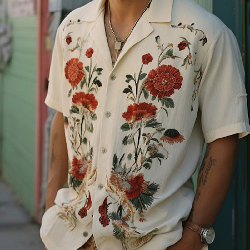 Vintage Men's Floral Shirt Button Shirt Casual Holiday Style
