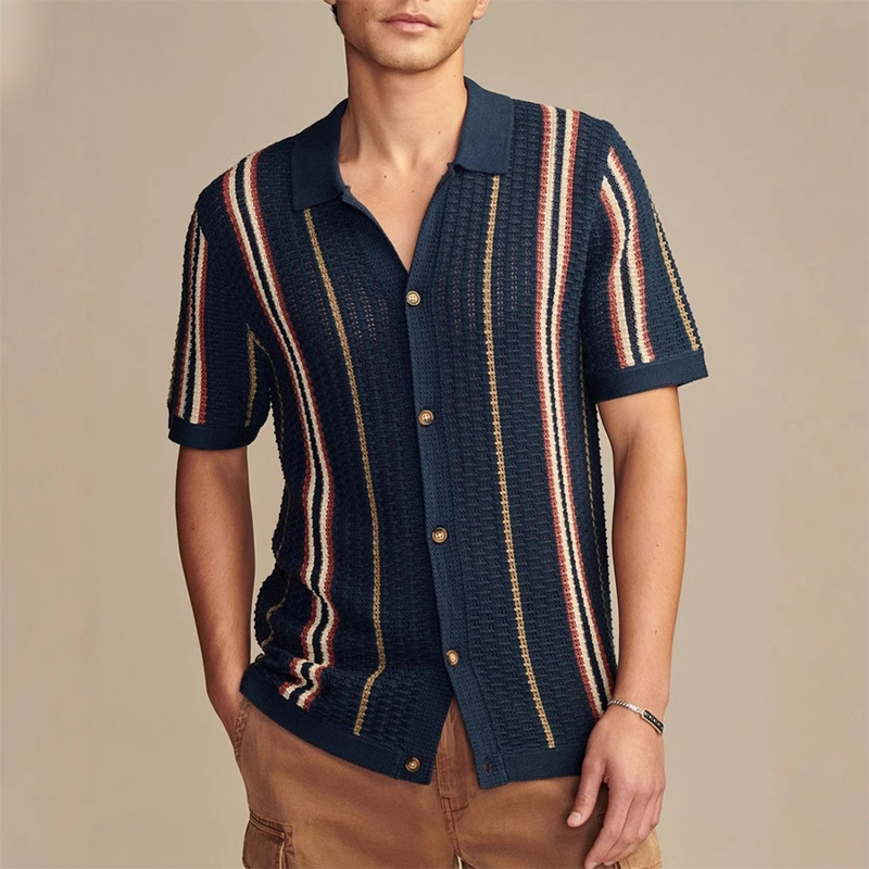 Men's Striped Collared Neck Short Sleeve Shirt