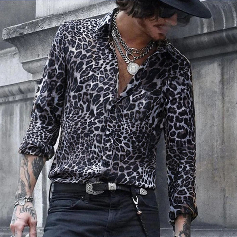 Wild & Trendy Men's Leopard Print Shirt Long Sleeve Casual Vacation Shirt