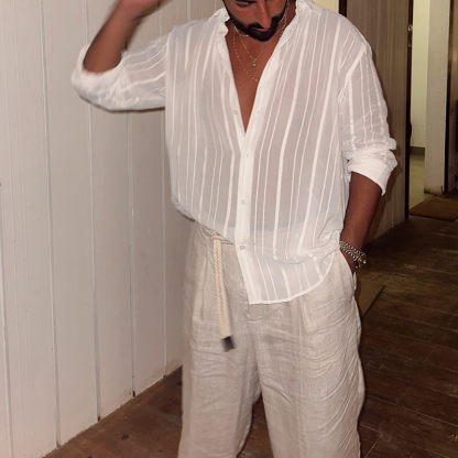 Men's White Semi-Sheer Striped Button-Down Shirt