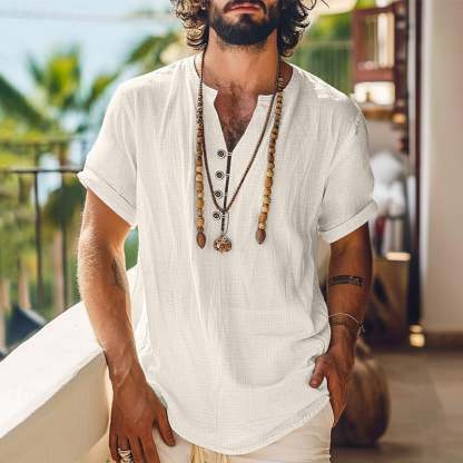 Vintage Men's Cotton Linen Short Sleeve Shirt - Breathable Summer Casual Shirt For Beach, Travel And Everyday Wear