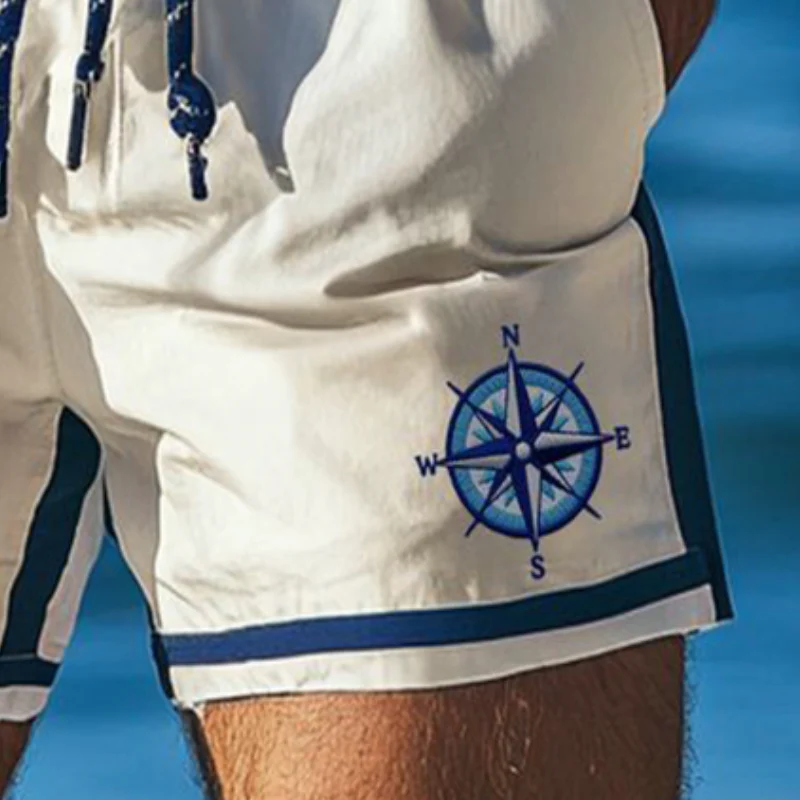 Men's Retro Casual Colorblock Compass Print Sports Drawstring Beach Shorts