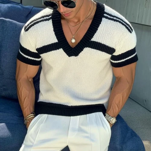 Men's Casual V-neck Striped Jacquard Slim Fit Knitted Short-sleeved Sweater T-Shirt