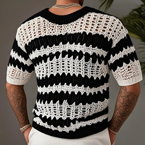 Men's Knitted Contrast Color V-neck Short-sleeved Sweater T-Shirt
