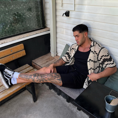 Men's Crochet Black & White Contrast Shirt, Bohemian Beach Shirt, Fashionable Y2K Hollow Top