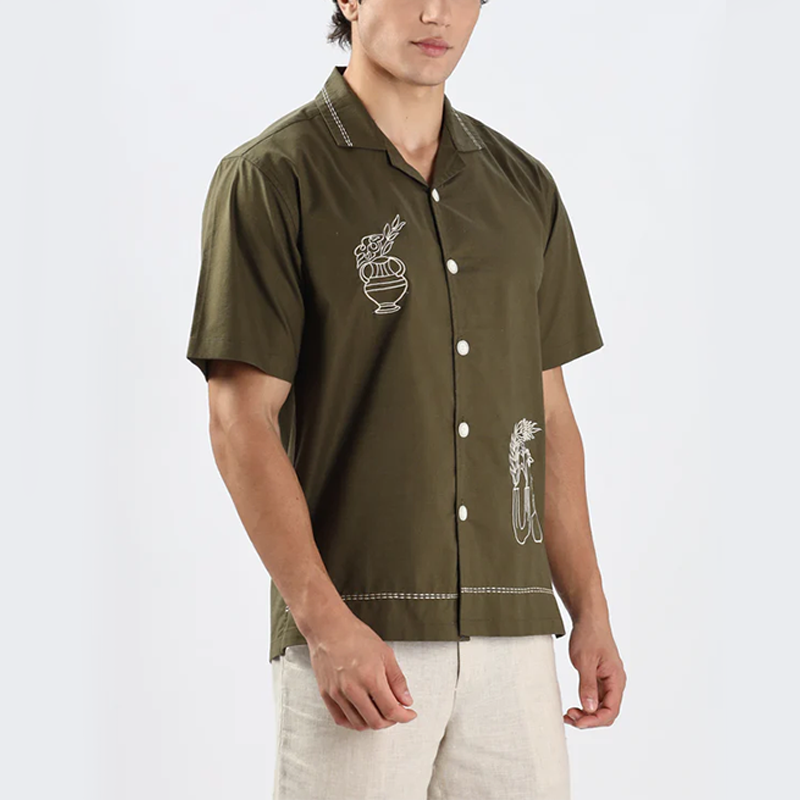 Men's Olive Green Ceramic Embroidery Shirt