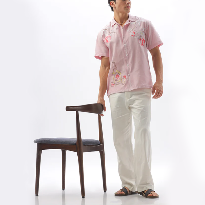 Men's Pink Floral Embroidery Casual Shirt
