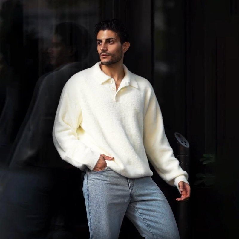 Men's Plush Knit Polo Sweater, Long Sleeve Soft Relaxed Fit Fuzzy Mock Neck Pullover, Fall Winter Casual Thermal Sweater