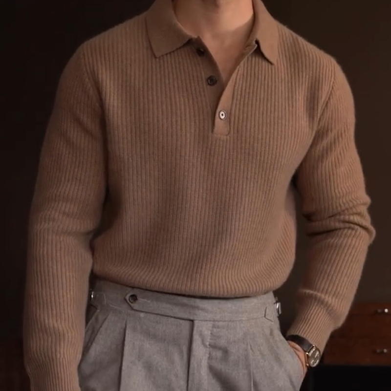 Men's Polo Collar Knit Sweater, Long Sleeve Relaxed Fit Pullover for Fall Winter, Casual Smart Office Wear, Modern Vintage Style