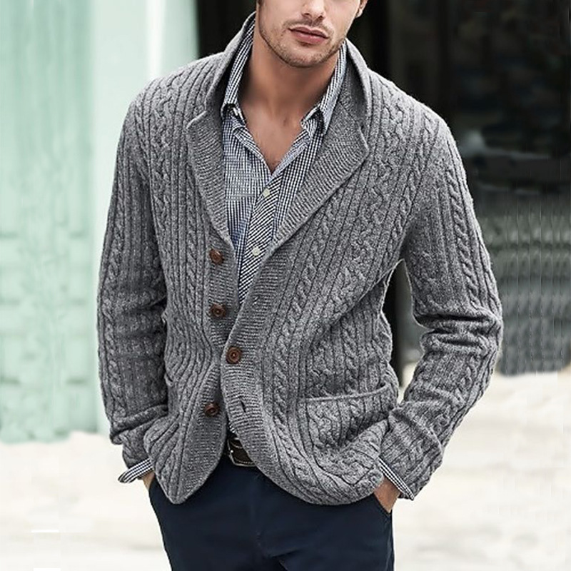 Men's Cable Knit Cardigan with Side Pockets, Retro Style Knitted Cardigan, Autumn and Winter Cable Knit Sweater, Casual Long Sleeve Lapel Cardigan for Men