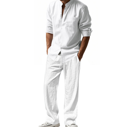 Men's Casual Linen Shirt and Pants Set, 2 Piece Linen Comfortable Outfit Co-ords for Spring & Fall