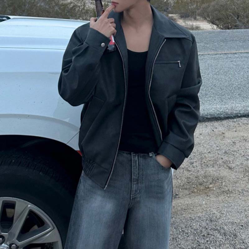 Rebellious Short Leather Jacket For Men, Spring Loose-Fit Turn-Down Collar Moto Style, Trendy Niche Leather Coat, Versatile Fashion Jacket For Everyday Wear