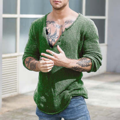 Men's Casual V Neck Long Sleeve Knitted Sweater