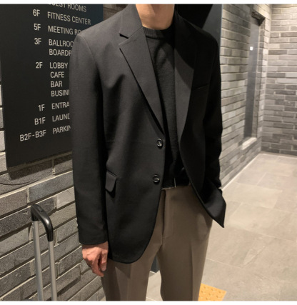 Men's Casual Blazer Jacket, Trendy Black Slim-Fit Suit Coat, Loose-Fit Autumn Fashion Single Breasted Outerwear