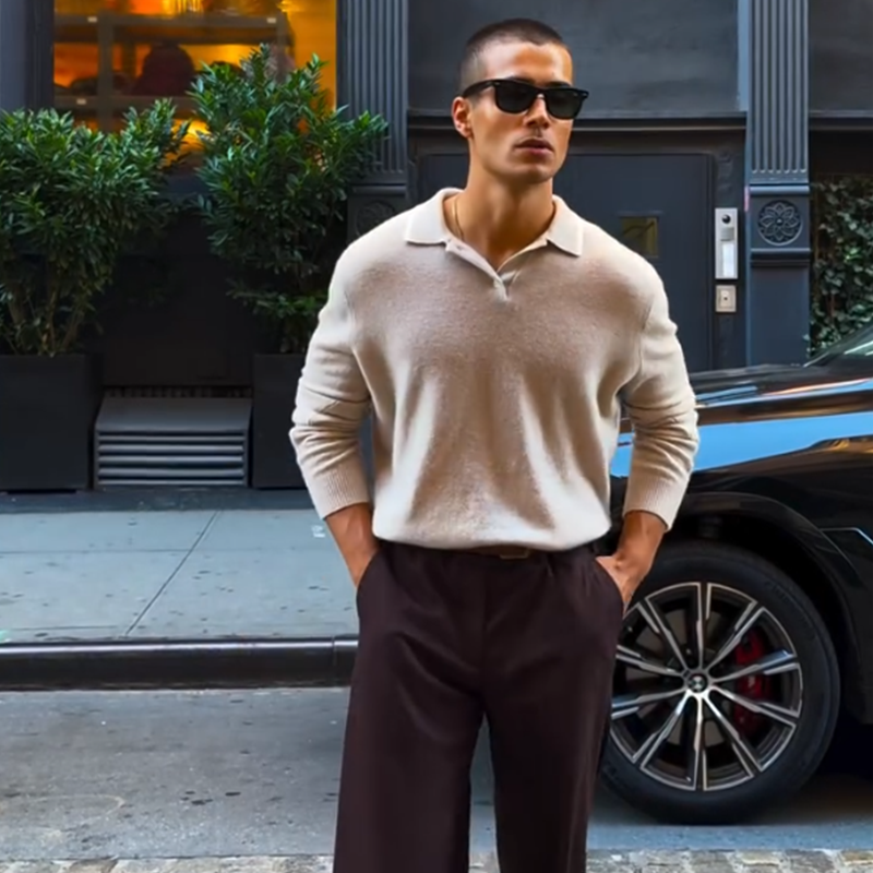 Men's Merino Wool Polo Neck Knit Sweater, Premium Business Casual Polo Neck Jumper, Fall and Winter Knit