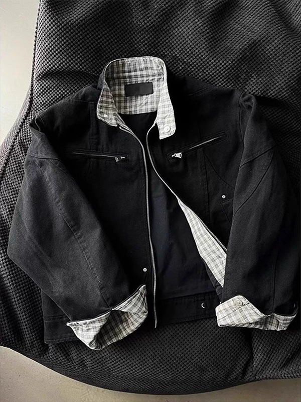 Men's Heavyweight Washed Canvas Stand Collar Denim Jacket, Spring & Fall Harrington Workwear Bomber Coat, Streetwear-Inspired Utility Jacket