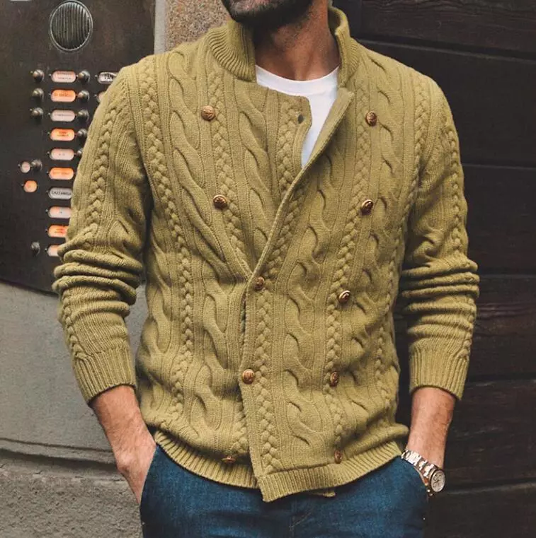 Men's 2024 Fashion Stand Collar Double Breast Knitted Sweater Cardigan